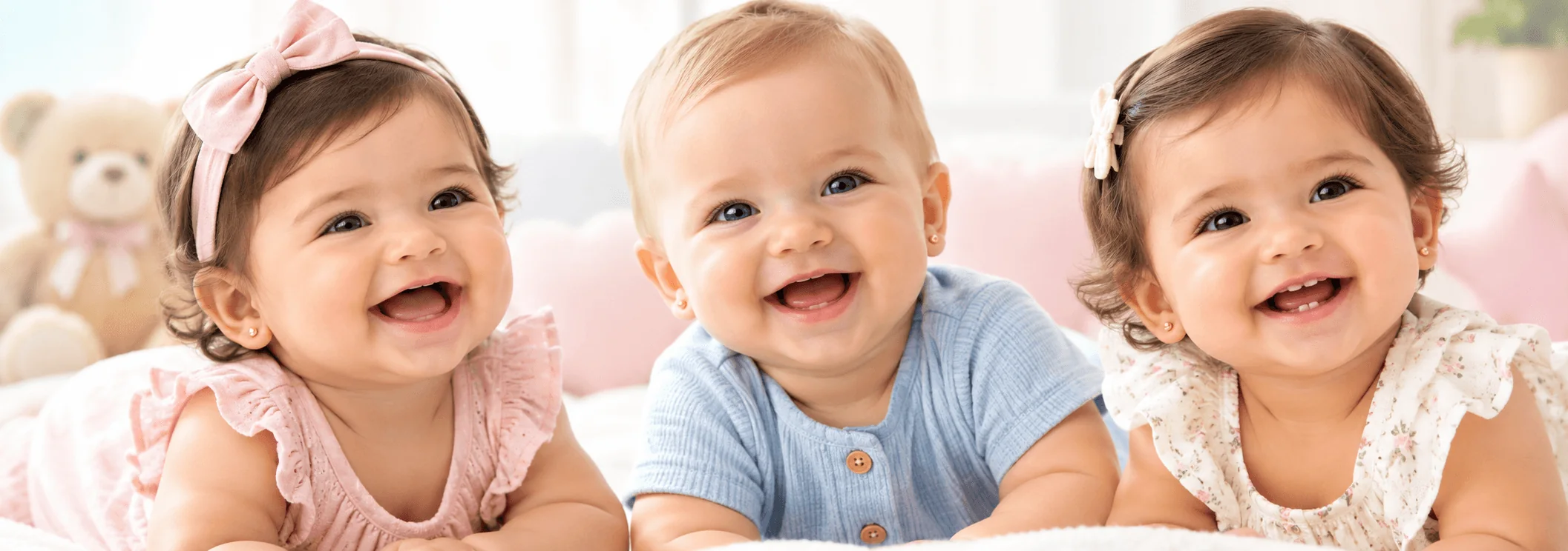 Tres bebés sonriendo con areticos