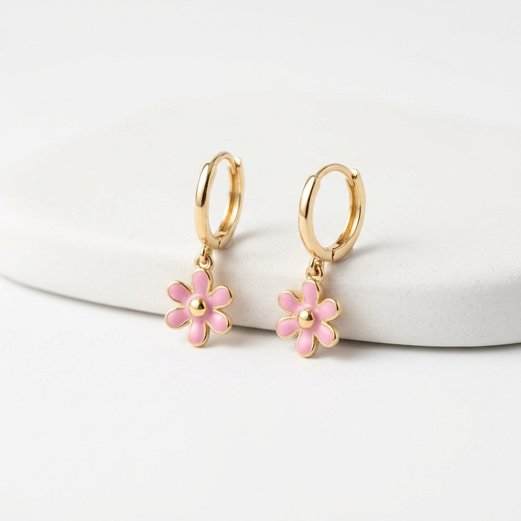 Aretes flor con esmalte rosa